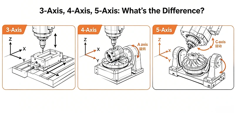 ¿Cuáles son las diferencias entre el mecanizado CNC de 3, 4 y 5 ejes?